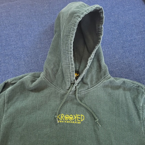 Crooked Skateboarding Corduroy Hoodie Green Embroidered Logo Pullover Size L - Picture 5 of 11